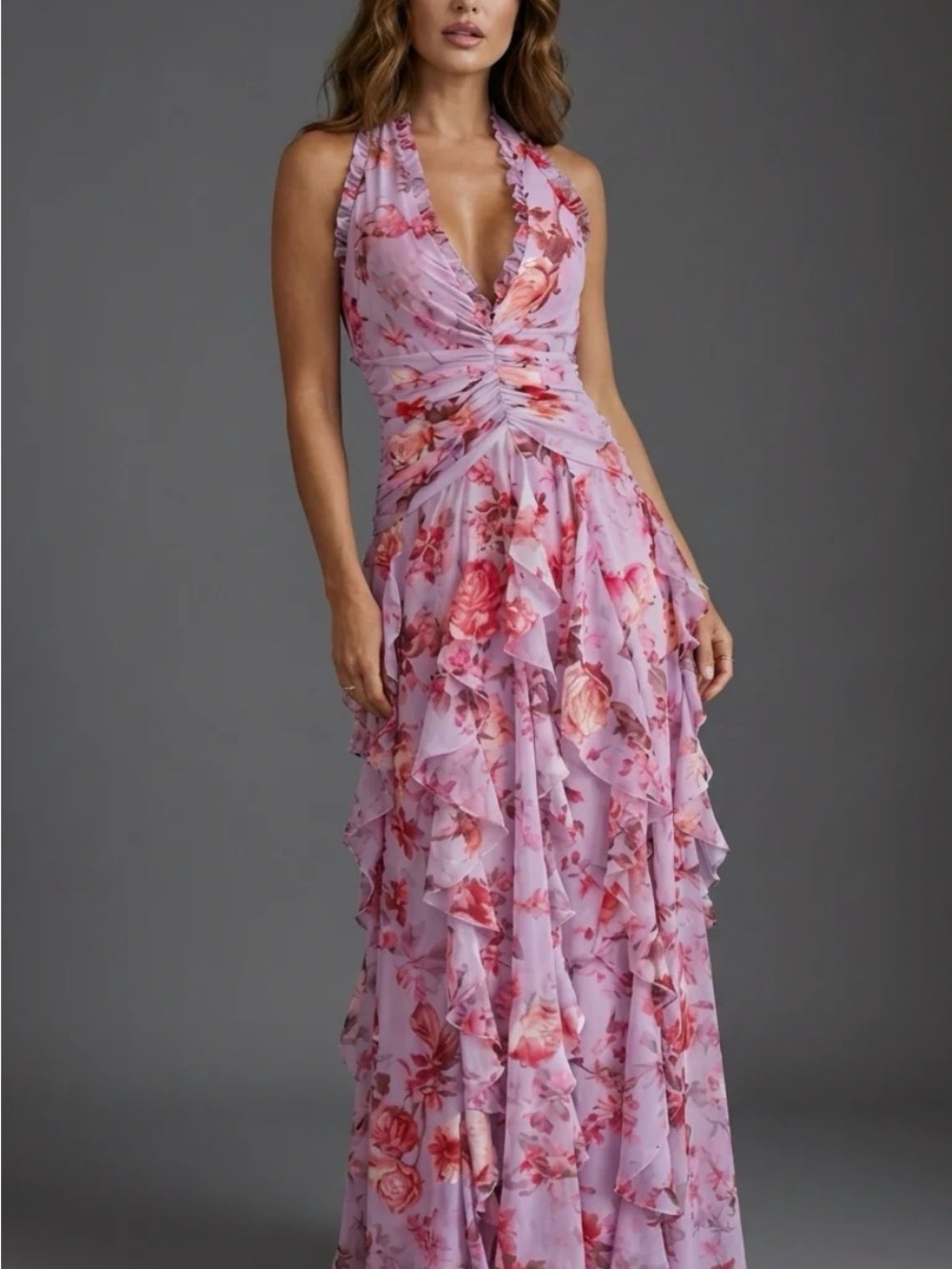 Floral Ruffle Halter Maxi Dress in Lilac Pink